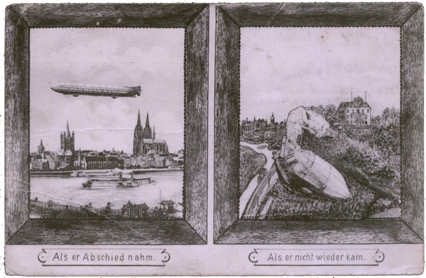 Postkarte aus Köln mit Absturz des Zeppelin Z II in Weilburg