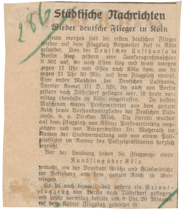 Zeitungsartikel Erffnung Flughafen Kln Butzweilerhof 1926 