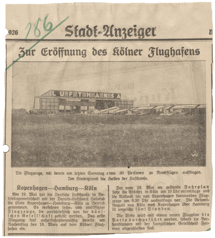 Zeitungsartikel Erffnung  Flughafen Kln Butzweilerhof 1926 