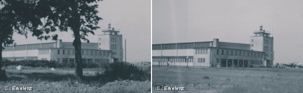 Fliegerhorst E11/VI Kln Butzweilerhof Bauplatz der Halle 2.Im Hintergrund Rckseite der Halle 1 und Turm der Luftaufsicht.