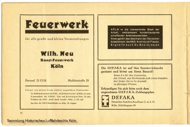 Volksflugtag 1935 Flughafen Kln Butzweilerhof Werbung Feuerwerk Wilhelm Neu DEFAKA