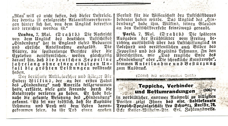 Zeitungsmeldung der Hindenburg ƒ¼ber den Verlust der Besatzung und Passagiere