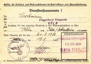 Reiseausweis eines Angestellten des Fliegerhorst Kln-Ostheim 1939