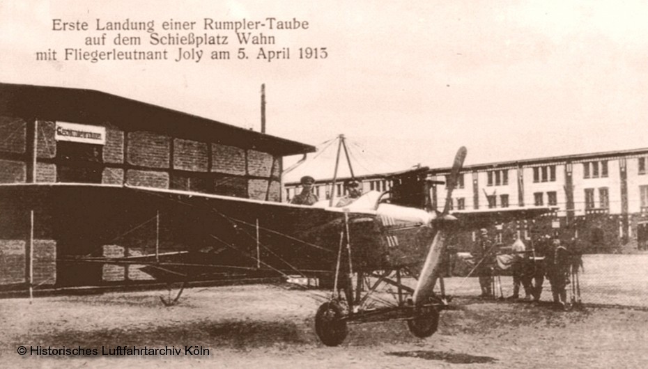 5. April 1913 Lt. Jolly landet als erster auf dem Schieplatz Wahn. Der Beginn des Flughafens Wahn.